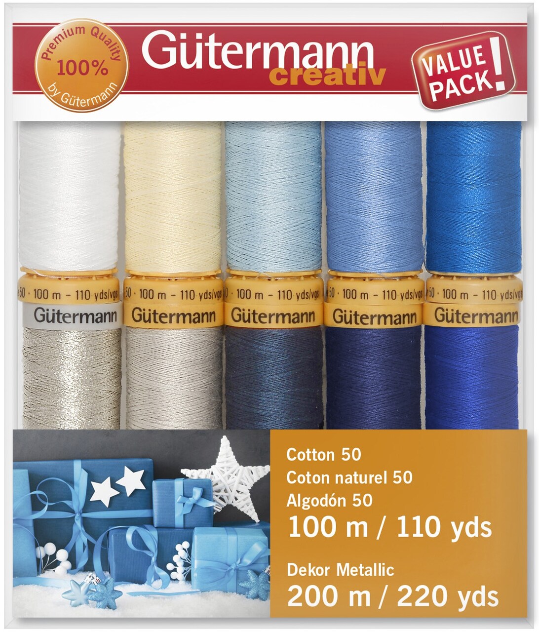 Gutermann Cotton 50 Holiday Thread Set - 10 Spools-Collection 2 - Silver Metallic